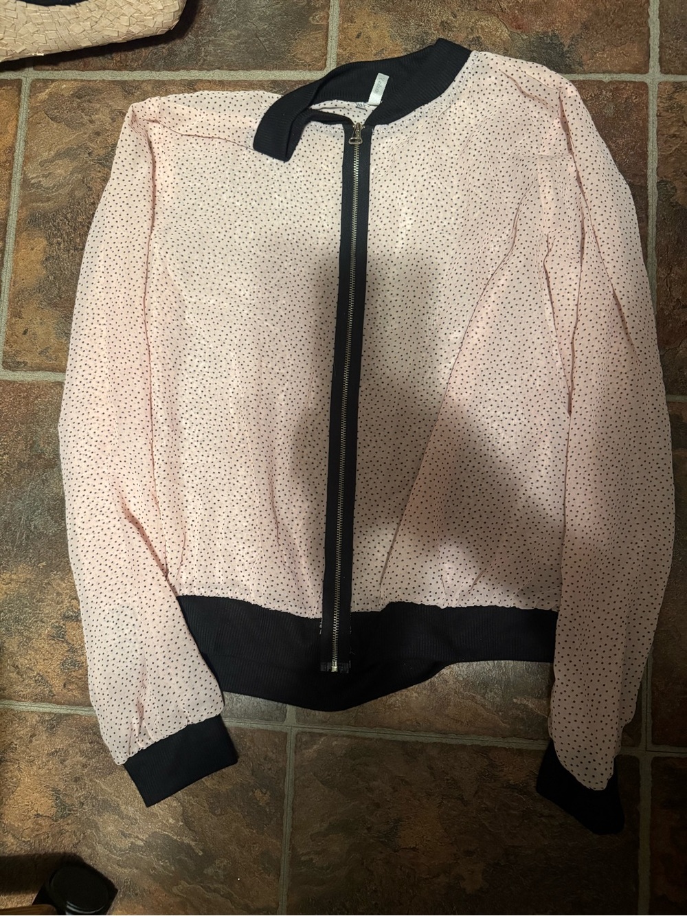 Studio Y Pink Bomber Jacket with Black Baby Pink Polka Dot Black Trim Zipper